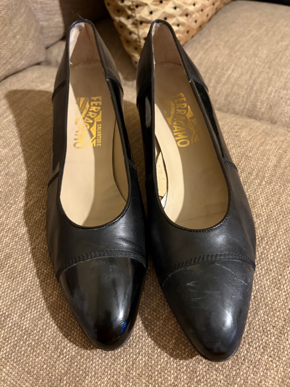 Salvatore Ferragamo Black Leather Pointed-Toe Pumps with Gloss Cap